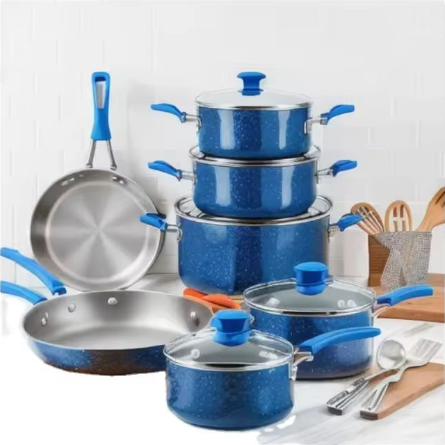 ชุดเครื่องครัวราคาที่แข่งขันได้พร้อมกระทะย่างชุดเครื่องครัว 13 ชิ้นชุดเครื่องครัวเคลือบหินแกรนิตคู่